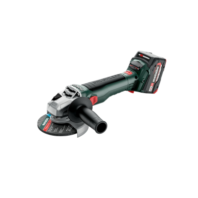 Esmerilhadora Metabo a bateria verde escuro, preta e vermelha com disco de corte preto e bateria 18 V LiHD