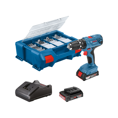 Conjunto de ferramenta Bosch com furadeira, bateria, carregador e caixa de brocas e bits