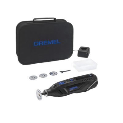 Conjunto de ferramentas Dremel com bolsa preta, ferramenta rotativa preta, discos e acessórios