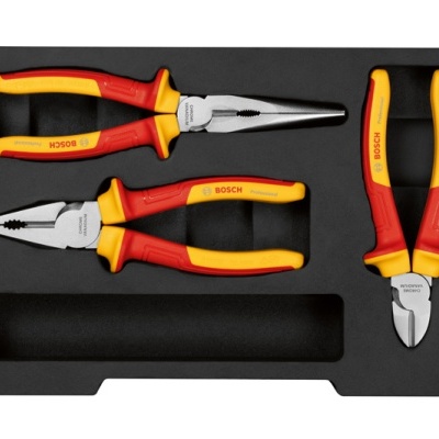 Conjunto de três alicates com cabos vermelhos e amarelos da BOSCH numa base preta de espuma