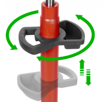 Ferramenta vermelha com peça preta ajustável e setas verdes que indicam movimento