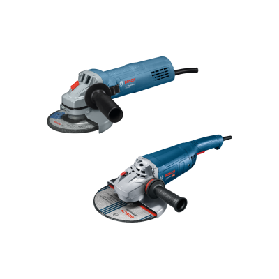 Duas esmerilhadoras Bosch azuis com disco abrasivo e cabo elétrico preto