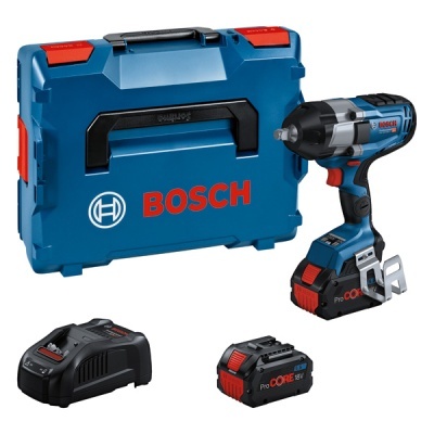 Conjunto de ferramenta Bosch com chave de impacto, bateria, carregador e caixa azul