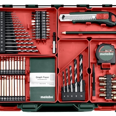 estojo de ferramentas Metabo com brocas, chaves e fita métrica
