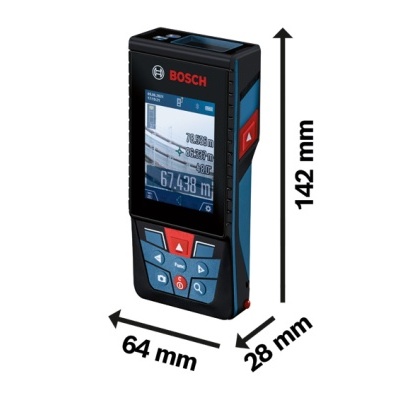 Dispositivo de medição a laser Bosch preto e azul com ecrã digital e botões coloridos.
