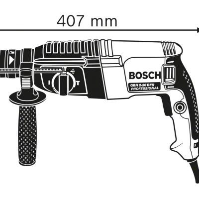 Martelo perfurador Bosch GBH 2-26 DFR em branco e preto com punho emborrachado e medidas indicadas