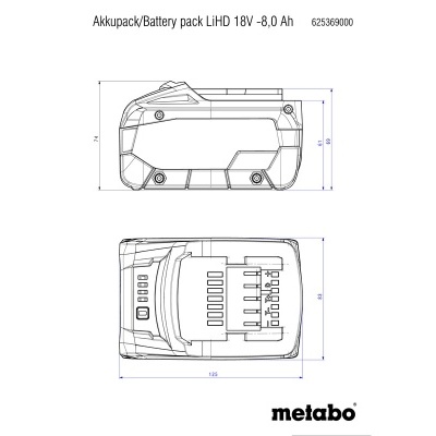 Diagrama técnico de bateria Metabo 18V 8,0 Ah com texto e medidas.