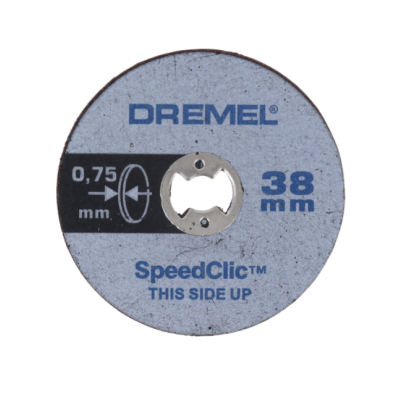 Disco de corte DREMEL azul e cinzento com texto e medidas.