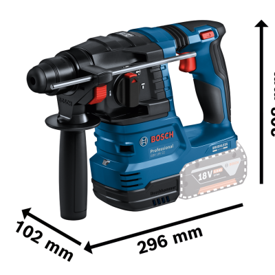 Martelo perfurador a bateria Bosch Professional azul e preto com dimensões indicadas.