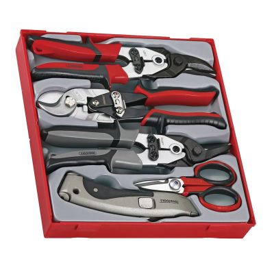 Conjunto de ferramentas com alicates, tesouras e faca utilitária em caixa vermelha