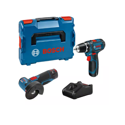 Conjunto de ferramentas elétricas Bosch com mala azul, furadeira, esmerilhadeira e carregador