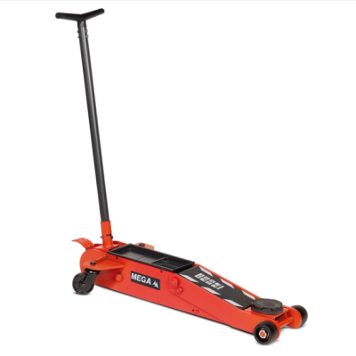 Macaco hidráulico automóvel laranja com alça preta e rodas