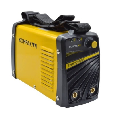 Máquina de soldar Kompak EWM200MMA amarela e preta com alça de transporte.