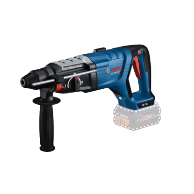 Martelo perfurador sem fio Bosch azul e preto com empunhadura adicional