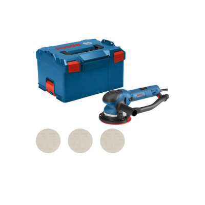 Conjunto de lixadora Bosch azul com disco de lixa e caixa de armazenamento