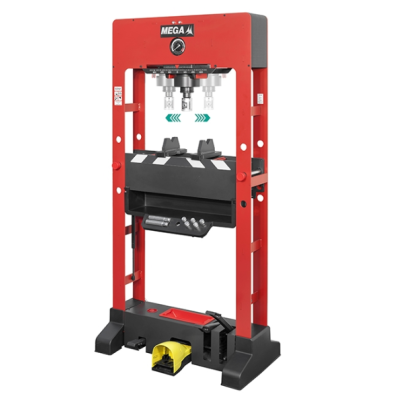 Prensa hidráulica metálica vermelha e preta com pedal amarelo