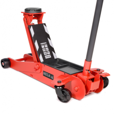 Macaco hidráulico para automóvel laranja com alavanca cinzenta e detalhes em preto