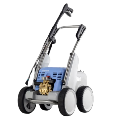 Máquina de alta pressão azul e cinza com quatro rodas e alças dobráveis