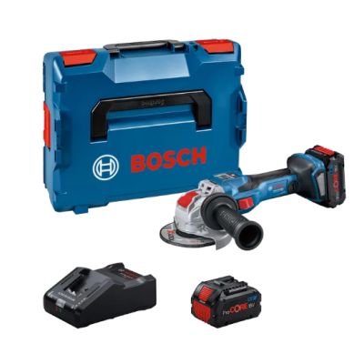 Conjunto de ferramenta Bosch com mala azul, rebarbadora elétrica, carregador e baterias