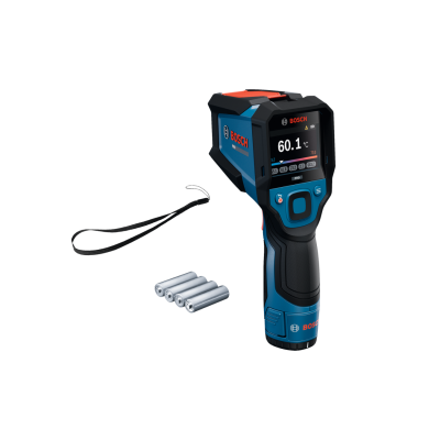 Termómetro portátil Bosch Pro azul e preto com visor digital e quatro pilhas AA prateadas