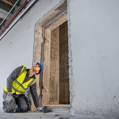 Homem com colete amarelo e capacete azul ajoelhado ao lado de uma parede branca em obra