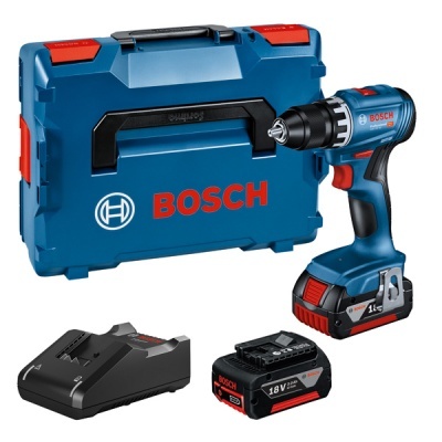 Conjunto de ferramentas Bosch com mala azul, furadeira, bateria e carregador