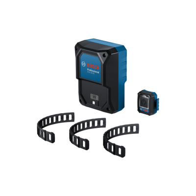 Kit de ferramenta Bosch Professional azul e preto com dispositivos eletrónicos e bandas de fixação.
