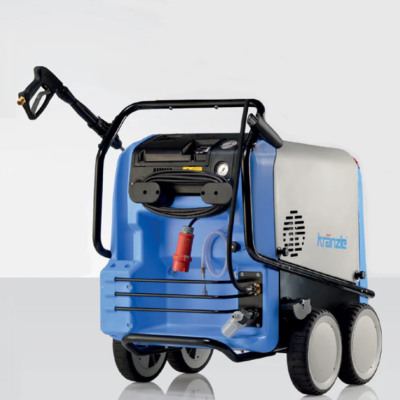 Máquina de lavagem industrial azul e preta com rodas brancas