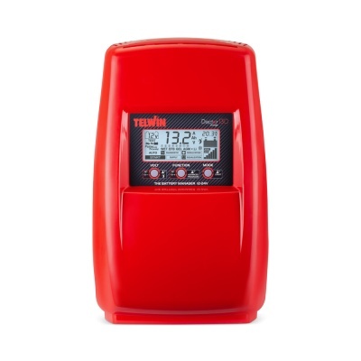 Dispositivo eletrónico vermelho com ecrã digital, botões e texto da marca TELWIN