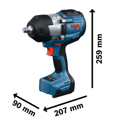 Chave de impacto Bosch azul, preto e vermelho com dimensões