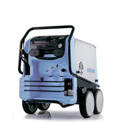 Compressor Kranzle portátil azul e branco com quatro rodas e painel frontal