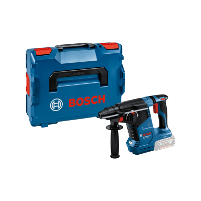 Mala de transporte azul BOSCH e martelo perfurador sem fio azul e preto com detalhes vermelhos