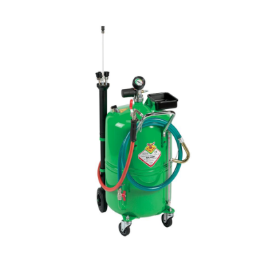 Recipiente móvel verde com mangueiras e manómetro.