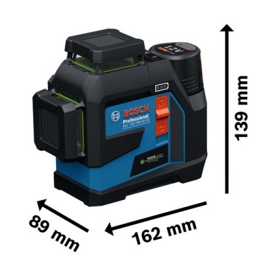 Laser de nível Bosch Professional azul e preto com etiquetas e dimensões