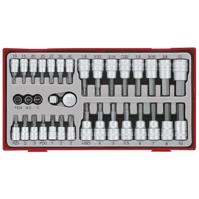 Conjunto de chaves de soquete metálico em caixa vermelha com vários tamanhos