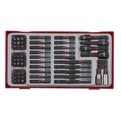 Conjunto de bits de ferramenta em caixa plástica com bits pretos e vermelhos organizados