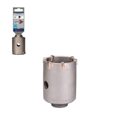 Broca de buraco Bosch em metal cinza com lâminas salientes e embalagem