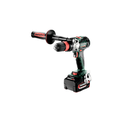 Parafusadora e furadeira a bateria Metabo verde escuro e preta com punho vermelho