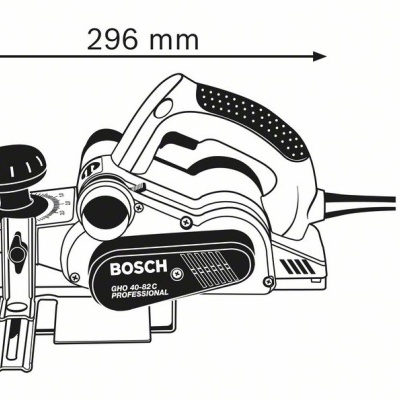Plaina elétrica Bosch GHO 40-82 C Professional em preto e branco com medidas indicadas.