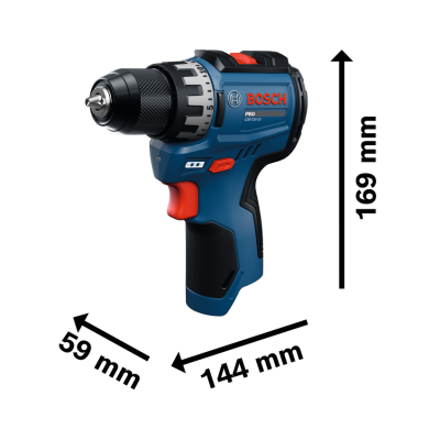 Berbequim elétrico BOSCH PRO azul e preto com detalhes vermelhos e dimensões no fundo branco
