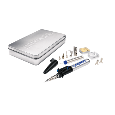 Conjunto de soldadura Dremel com ferramentas e acessórios em estojo metálico prateado
