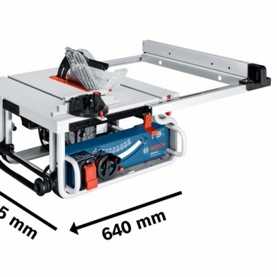 Máquina de serra de bancada metálica cinza e azul com dimensões