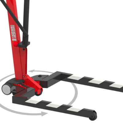 Base de empilhador vermelha e preta com texto HIGHER LIFT-1400KG e rodas sobre fundo branco.