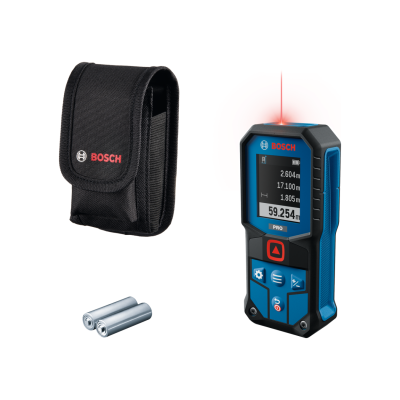 Medidor a laser Bosch azul e preto com ecrã digital e estojo de tecido preto.