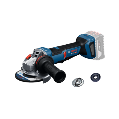 Esmerilhadora Bosch a bateria azul e preta com disco de corte e punho lateral.
