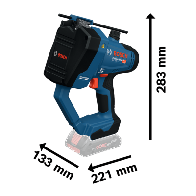 Ferrolho automático Bosch Professional azul e preto com medidas indicadas.