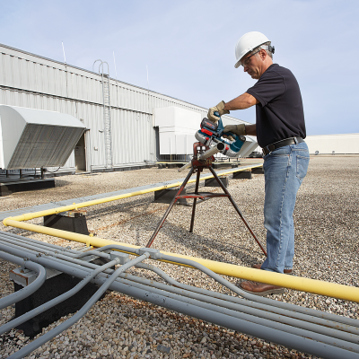 Profissional usando ferramenta elétrica no telhado com tubagens
