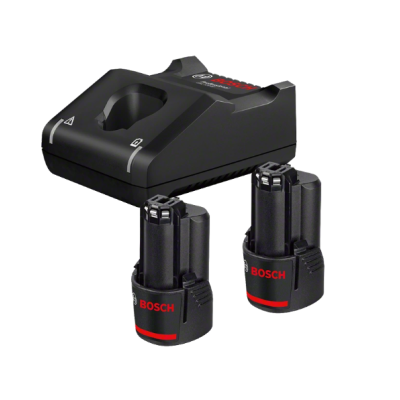 Carregador de bateria Bosch preto com dois acumuladores pretos