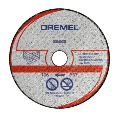 Disco de corte abrasivo Dremel DSM520 cinzento com texto azul e vermelho