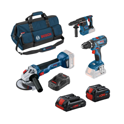 Conjunto de ferramentas elétricas Bosch com mala, rebarbadora, furadeira e carregadores em fundo branco